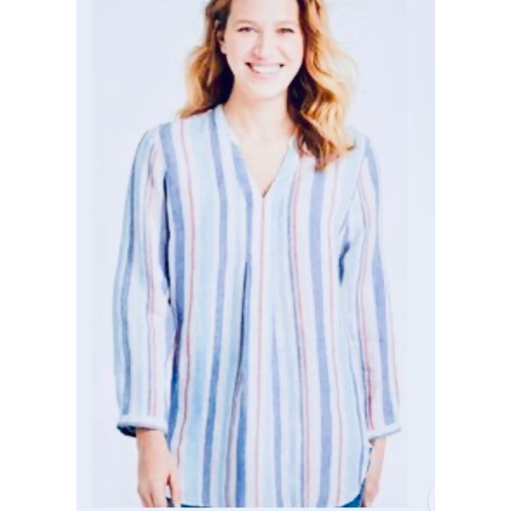 Womens L.L.Bean 100% Linen Striped Tunic Top Medium Red White Blue